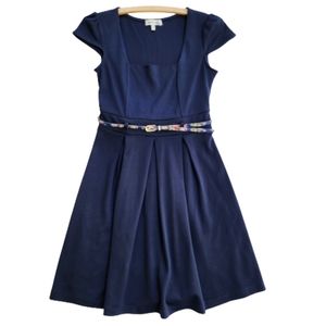 Monteau Los Angelas Blue Fit & Flare Cap Sleeve Floral Belted Academia Dress ♥️